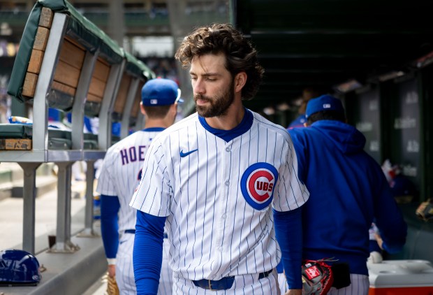 Chicago Cubs shortstop Dansby Swanson prepares for the game Wednesday, May 7, 2025, at Wrigley Field. (Brian Cassella/Chicago Tribune)