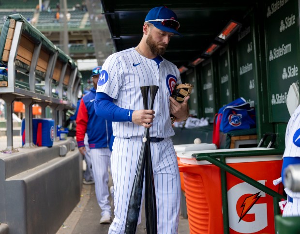 Chicago Cubs first base Michael Busch leaves the dugout after the loss Wednesday, May 7, 2025, at Wrigley Field. (Brian Cassella/Chicago Tribune)