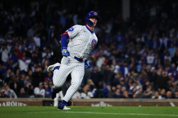 Cubs center fielder Pete Crow-Armstrong starts his home run trot during the fourth inning against the Rockies on May 28, 2025, at Wrigley Field. (Audrey Richardson/Chicago Tribune)