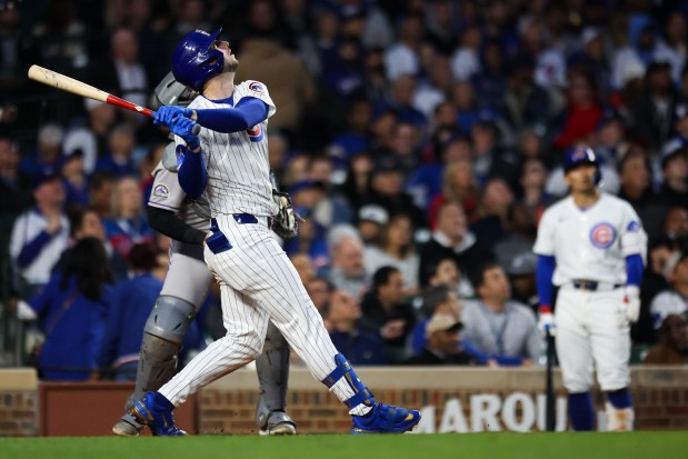 Cubs right fielder Kyle Tucker (30) looks up at his foul ball during the third inning against the Rockies on May 28, 2025,at Wrigley Field. (Audrey Richardson/Chicago Tribune)