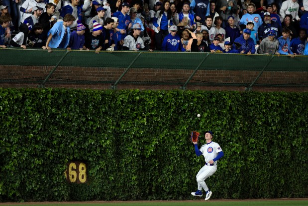 Cubs center fielder Pete Crow-Armstrong sets to catch Rockies second baseman Tyler Freeman's fly ball during the sixth inning on May 28, 2025, at Wrigley Field. (Audrey Richardson/Chicago Tribune)