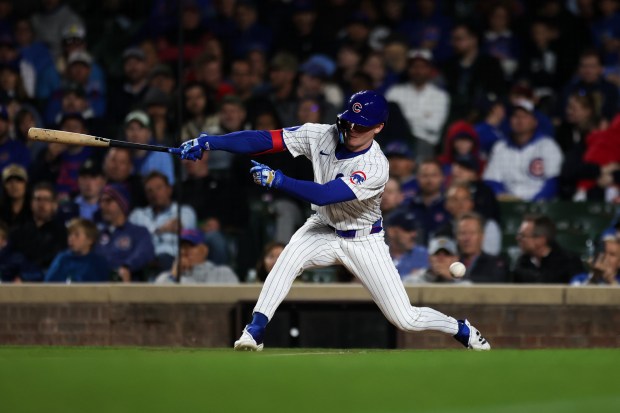 Cubs center fielder Pete Crow-Armstrong strikes out swinging against the Rockies on May 28, 2025, at Wrigley Field. (Audrey Richardson/Chicago Tribune)