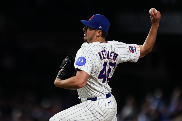 Cubs reliever Brad Keller delivers to the Rockies during the eighth inning on May 28, 2025, at Wrigley Field. (Audrey Richardson/Chicago Tribune)