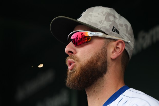 Chicago Cubs first base Michael Busch (29) spits out sunflower seeds before the game against the Chicago White Sox at Wrigley Field on Sunday, May 18, 2025. (Eileen T. Meslar/Chicago Tribune)