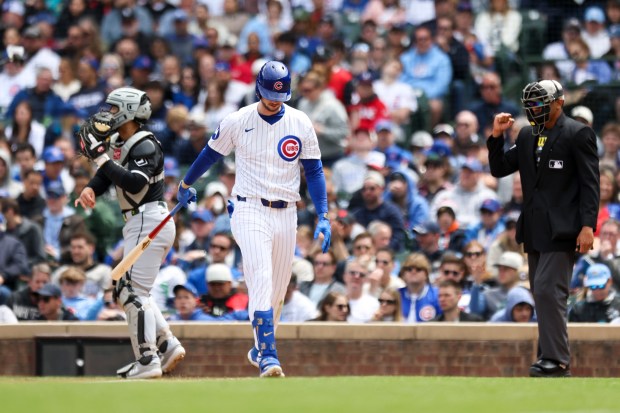 Chicago Cubs outfielder Kyle Tucker (30) strikes out in the third inning against the Chicago White Sox at Wrigley Field on Sunday, May 18, 2025. (Eileen T. Meslar/Chicago Tribune)