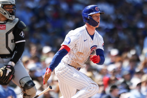 Chicago Cubs outfielder Pete Crow-Armstrong (4) hits a double in the sixth inning against the Chicago White Sox at Wrigley Field on Sunday, May 18, 2025. (Eileen T. Meslar/Chicago Tribune)