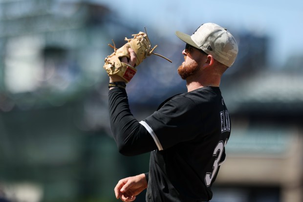 Chicago White Sox first baseman Tim Elko (30) catches a pop-up in the sixth inning against the Chicago Cubs at Wrigley Field on Sunday, May 18, 2025. (Eileen T. Meslar/Chicago Tribune)