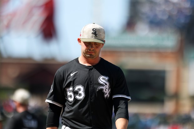 Chicago White Sox pitcher Brandon Eisert (53) walks to the dugout after being taken out in the seventh inning against the Chicago Cubs at Wrigley Field on Sunday, May 18, 2025. (Eileen T. Meslar/Chicago Tribune)