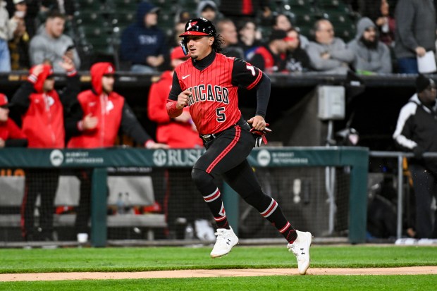 White Sox's Josh Rojas scores a run in the 7th inning of the game against the Marlins at Rate Field on May 9, 2025. (Photo by Abigail Dean/Getty Images)