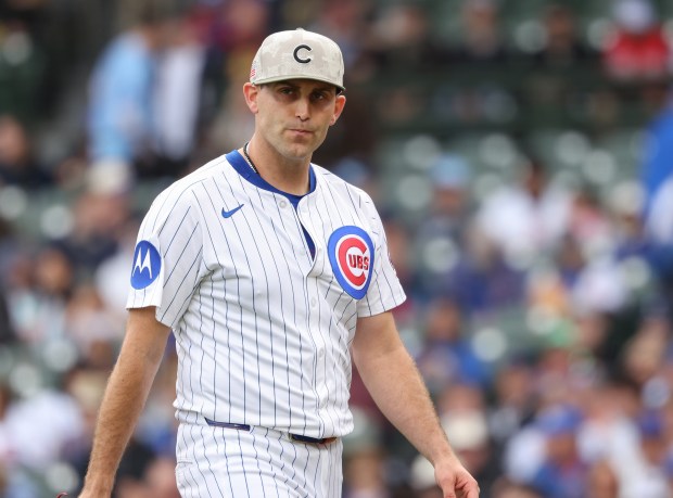 Cubs startier Matthew Boyd heads to the dugout after throwing against the White Sox in the first inning on May 17, 2025, at Wrigley Field. (John J. Kim/Chicago Tribune)