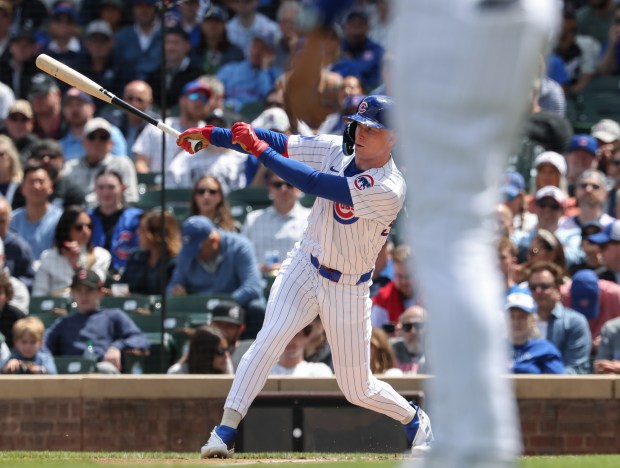 Cubs center fielder Pete Crow-Armstrong swings through on a two-run single against the White Sox in the second inning on May 17, 2025, at Wrigley Field. (John J. Kim/Chicago Tribune)