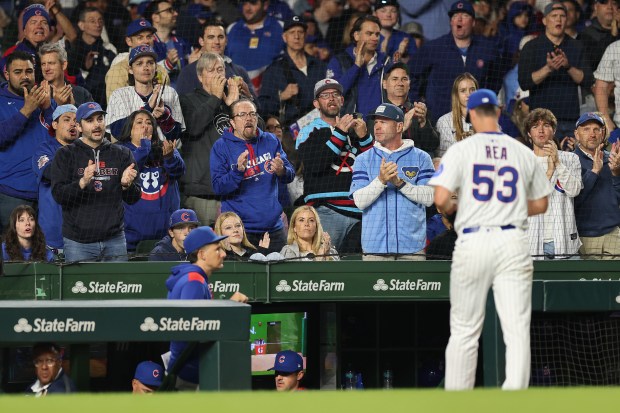 Fans clap for Cubs starter Colin Rea as he is removed from the game during the seventh inning against the Marlins on Monday, May 12, 2025, at Wrigley Field. (Michael Reaves/Getty Images)