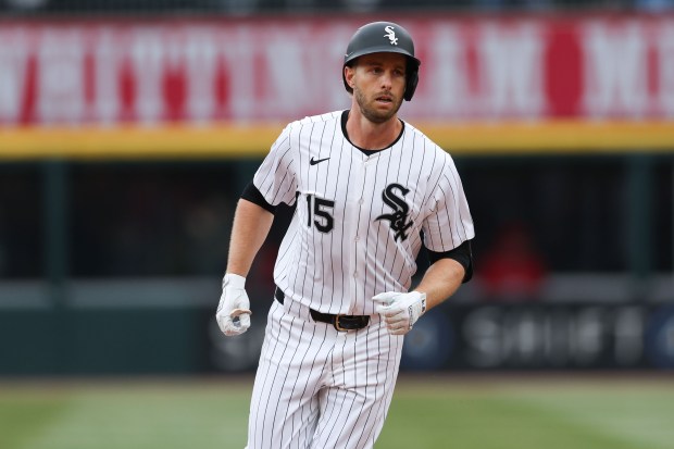 Chicago White Sox outfielder Austin Slater (15) runs the bases after hitting a solo-homer during the second inning against the Los Angeles Angels on Opening Day at Rate Field Thursday March 27, 2025, in Chicago. (Armando L. Sanchez/Chicago Tribune)