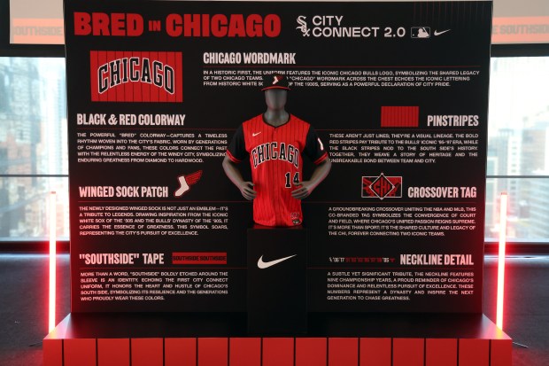 An explainer of the new White Sox City Connect Series uniforms Monday, April 28, 2025, at 167 Events in Chicago. (Terrence Antonio James/Chicago Tribune)