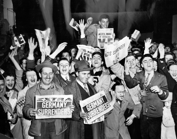 Chicagoans took to the streets for a V-E Day celebration on May 8, 1945. (Chicago Herald-American)