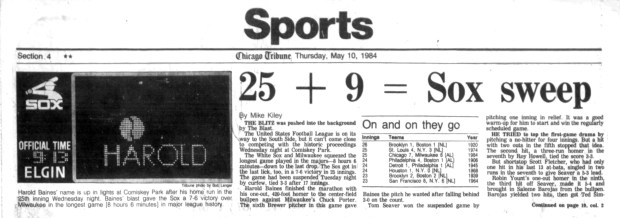 A 420-foot home run by Harold Baines in the 25th inning gave the Chicago White Sox a win against the Milwaukee Brewers at Comiskey Park on May 9, 1984. (Chicago Tribune)