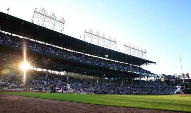 Chicago Cubs starting pitcher Colin Rea (53) delivers to San Francisco Giants second baseman Brett Wisely (0) in the second inning of a game at Wrigley Field in Chicago on May 6, 2025. (Chris Sweda/Chicago Tribune)