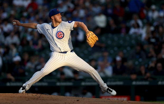 Cubs starter Jameson Taillon delivers to the Marlins in the third inning on May 14, 2025, at Wrigley Field. (Chris Sweda/Chicago Tribune)