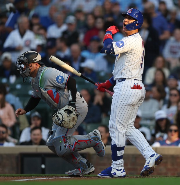 Cubs catcher Miguel Amaya reacts after striking out to end the second inning against the Marlins on May 14, 2025, at Wrigley Field. (Chris Sweda/Chicago Tribune)
