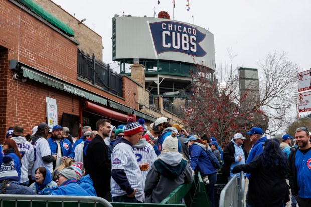 Fans gather at Murphy's Bleachers near Wrigley Field before the Cubs play the Padres in their home opener on April 4, 2025. (Armando L. Sanchez/Chicago Tribune)
