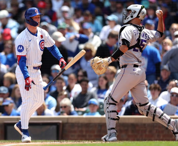 Chicago Cubs outfielder Pete Crow-Armstrong tosses his bat aside after striking out to end the first inning of a game against the Colorado Rockies at Wrigley Field in Chicago on May 26, 2025. (Chris Sweda/Chicago Tribune)