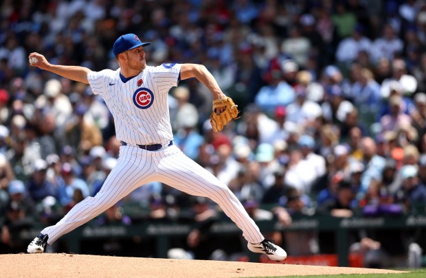 Chicago Cubs starting pitcher Jameson Taillon delivers to the Colorado Rockies in the first inning of a game at Wrigley Field in Chicago on May 26, 2025. (Chris Sweda/Chicago Tribune)