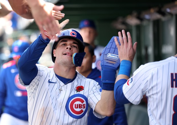 Chicago Cubs third baseman Matt Shaw is congratulated in the dugout after scoring on a single by teammate Kyle Tucker in the fifth inning of a game against the Colorado Rockies at Wrigley Field in Chicago on May 26, 2025. (Chris Sweda/Chicago Tribune)