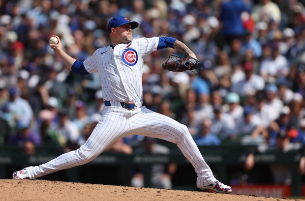 Chicago Cubs relief pitcher Ryan Pressly delivers to the Colorado Rockies in the eighth inning of a game at Wrigley Field in Chicago on May 26, 2025. (Chris Sweda/Chicago Tribune)