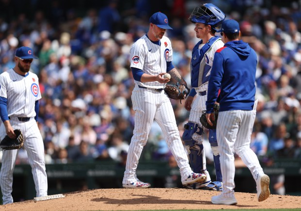 Chicago Cubs relief pitcher Ryan Pressly is pulled from the game by manager Craig Counsell in the eighth inning of a game against the Colorado Rockies at Wrigley Field in Chicago on May 26, 2025. (Chris Sweda/Chicago Tribune)