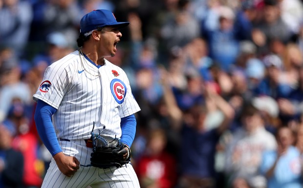 Chicago Cubs relief pitcher Daniel Palencia reacts after closing out the Colorado Rockies in the ninth inning of a game at Wrigley Field in Chicago on May 26, 2025. (Chris Sweda/Chicago Tribune)