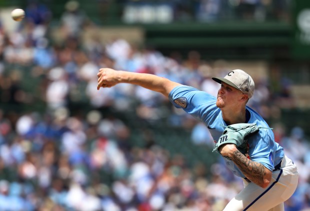 Chicago Cubs starting pitcher Cade Horton (22) delivers to the Chicago White Sox in the first inning of a game at Wrigley Field in Chicago on May 16, 2025. (Chris Sweda/Chicago Tribune)