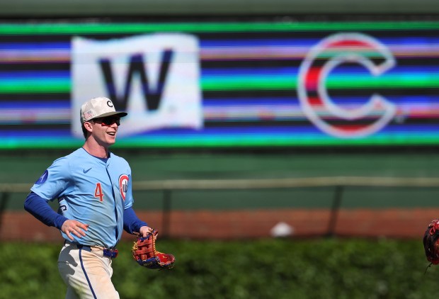 Cubs center fielder Pete Crow-Armstrong celebrates after a victory over the White Sox on May 16, 2025, at Wrigley Field. (Chris Sweda/Chicago Tribune)
