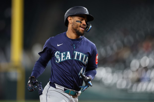 Seattle Mariners outfielder Julio Rodríguez (44) runs the bases after hitting a grand slam during the eighth inning against the Chicago White Sox at Rate Field on Monday, May 19, 2025, in Chicago. (Armando L. Sanchez/Chicago Tribune)