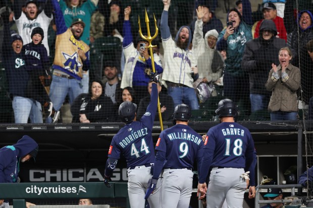 Seattle Mariners outfielder Julio Rodríguez (44) celebrates after hitting a grand slam during the eighth inning against the Chicago White Sox at Rate Field on Monday, May 19, 2025, in Chicago. (Armando L. Sanchez/Chicago Tribune)