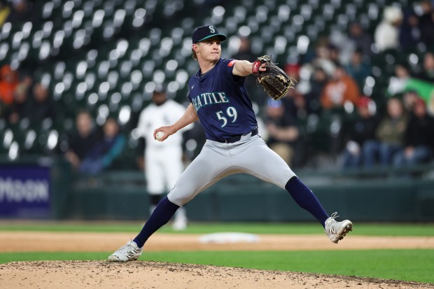 Seattle Mariners pitcher Troy Taylor (59) pitches during the ninth inning against the Chicago White Sox at Rate Field on Monday, May 19, 2025, in Chicago. (Armando L. Sanchez/Chicago Tribune)
