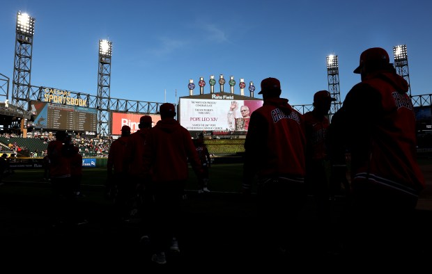 The image of new Pope Leo XIV is cast on the big video board at Rate Field before a White Sox-Marlins game on May 9, 2025. (Chris Sweda/Chicago Tribune)