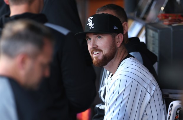 Chicago White Sox first baseman Tim Elko has a laugh in the dugout before the start of a game against the Miami Marlins at Rate Field in Chicago on May 10, 2025. (Chris Sweda/Chicago Tribune)