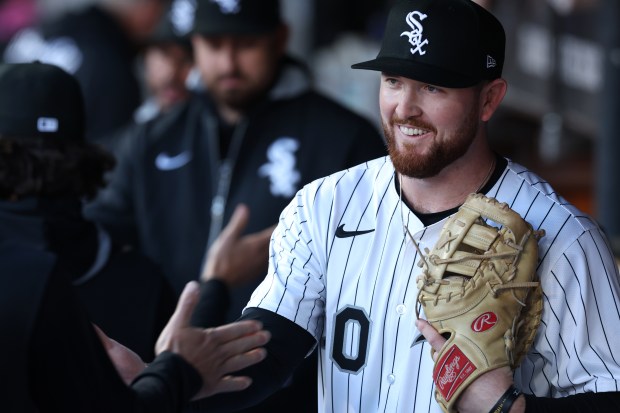Chicago White Sox first baseman Tim Elko jokes around with his teammates in the dugout before the start of a game against the Miami Marlins at Rate Field in Chicago on May 10, 2025. (Chris Sweda/Chicago Tribune)