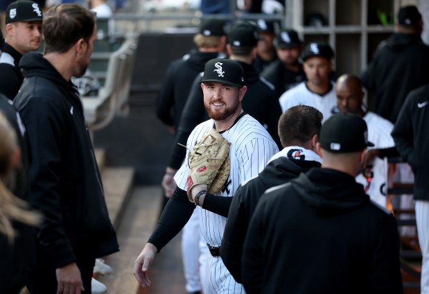 Chicago White Sox first baseman Tim Elko prepares in the dugout before a game against the Miami Marlins at Rate Field in Chicago on May 10, 2025. (Chris Sweda/Chicago Tribune)