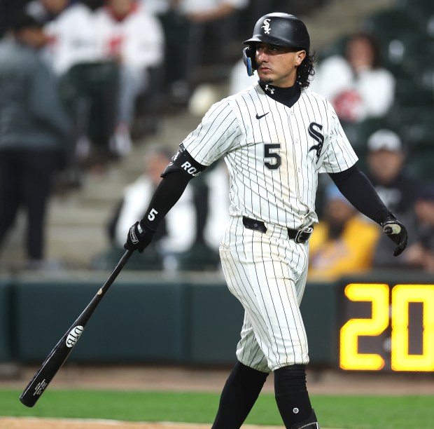 White Sox third baseman Josh Rojas walks to the dugout after striking out in the eighth inning against the Marlins on May 10, 2025, at Rate Field. (Chris Sweda/Chicago Tribune)