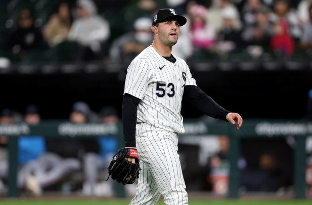 White Sox reliever Brandon Eisert walks to the dugout after the eighth inning against the Marlins on May 10, 2025, at Rate Field. (Chris Sweda/Chicago Tribune)