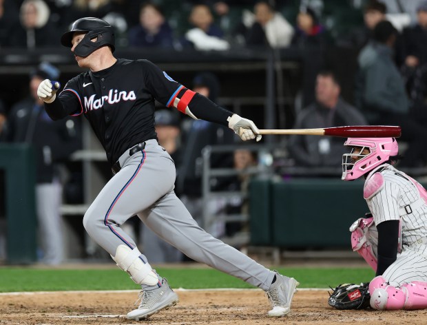 Marlins first baseman Eric Wagaman drives in two runs with a triple in the eighth inning against the White Sox on May 10, 2025, at Rate Field. (Chris Sweda/Chicago Tribune)