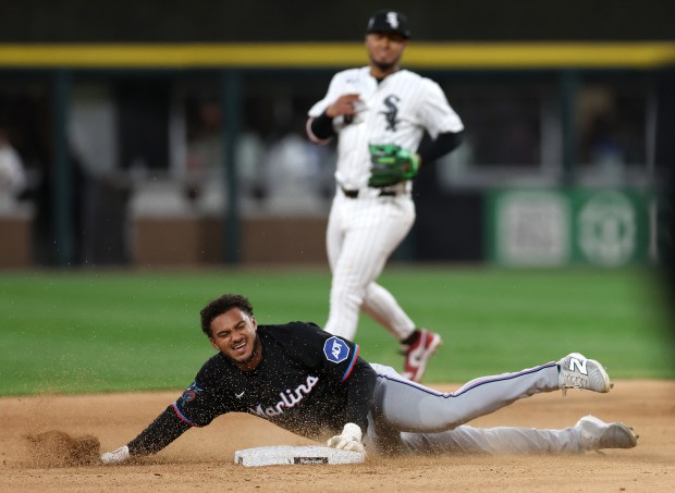 Marlins center fielder Dane Myers steals second base in the eighth inning against the White Sox on May 10, 2025, at Rate Field. (Chris Sweda/Chicago Tribune)