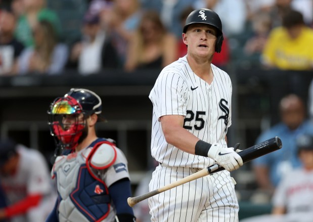 White Sox first baseman Andrew Vaughn walks to the dugout after striking out against the Red Sox on June 6, 2024, at Guaranteed Rate Field. (Chris Sweda/Chicago Tribune)