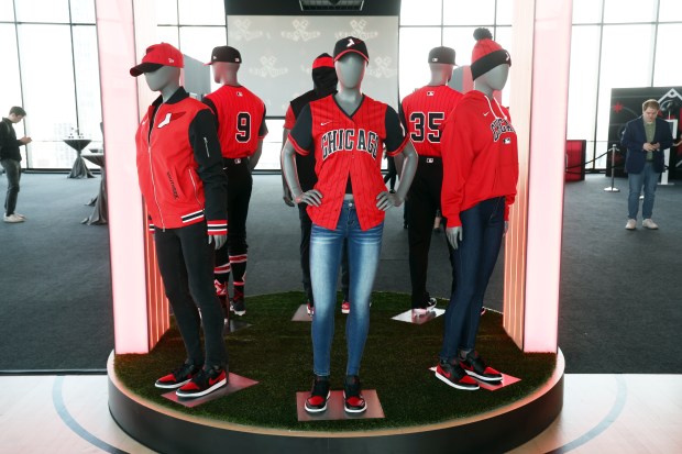 The Chicago White Sox unveil new Nike City Connect Series athletic clothing at the event space 167 Events in Chicago on Monday, April 28, 2025. The uniform has the Chicago Bulls logo across the chest. (Terrence Antonio James/Chicago Tribune)