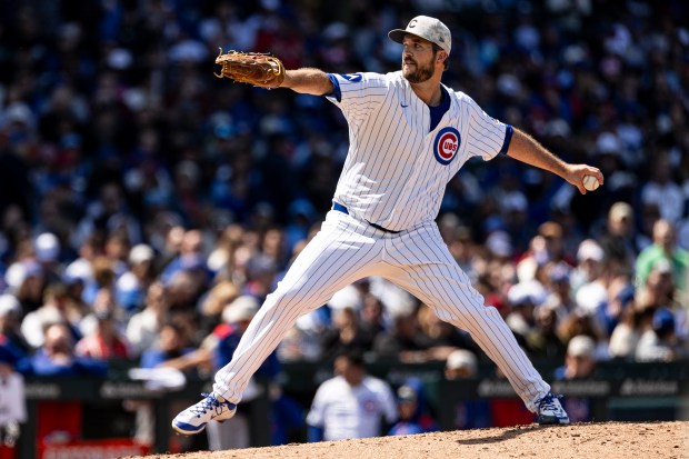Drew Pomeranz #45 of the Chicago Cubs delivers a pitch in the sixth inning against the Chicago Cubs at Wrigley Field on May 18, 2025 in Chicago, Illinois. (Photo by Griffin Quinn/Getty Images)