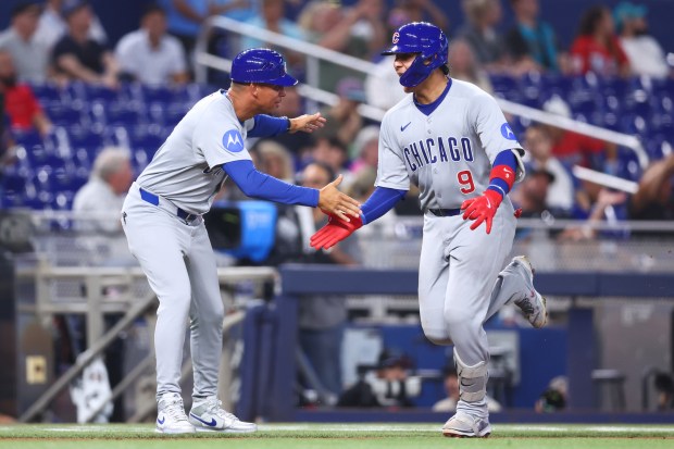 Miguel Amaya #9 of the Chicago Cubs rounds the bases after hitting a home run against the Miami Marlins in the fourth inning of the game at loanDepot park on May 19, 2025 in Miami, Florida. (Photo by Megan Briggs/Getty Images)