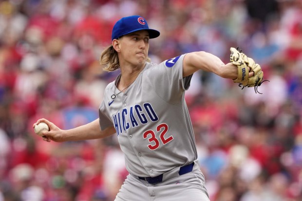 Ben Brown #32 of the Chicago Cubs pitches in the third inning against the Cincinnati Reds at Great American Ball Park on May 25, 2025 in Cincinnati, Ohio. (Photo by Dylan Buell/Getty Images)