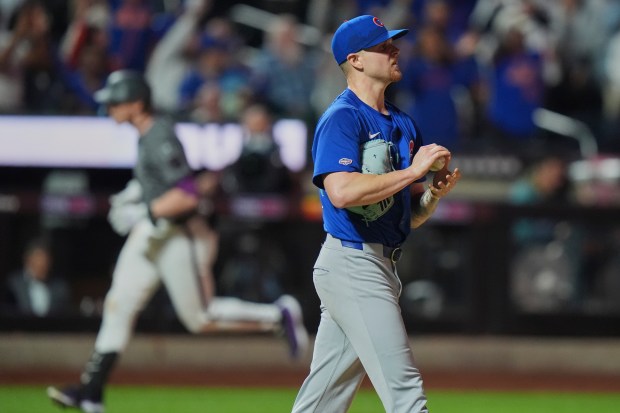 Cubs pitcher Cade Horton, right, reacts as the Mets' Brett Baty rounds the bases after hitting a three-run home run during the fourth inning on May 10, 2025, in New York. (Frank Franklin II/AP)