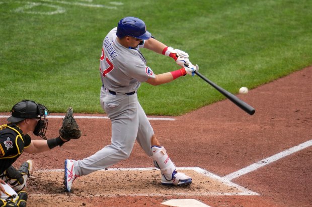 Cubs designated hitter Seiya Suzuki hits a solo home run off Pirates starter Paul Skenes during the fifth inning on May 1, 2025, in PIttsburgh. (Gene J. Puskar/AP)